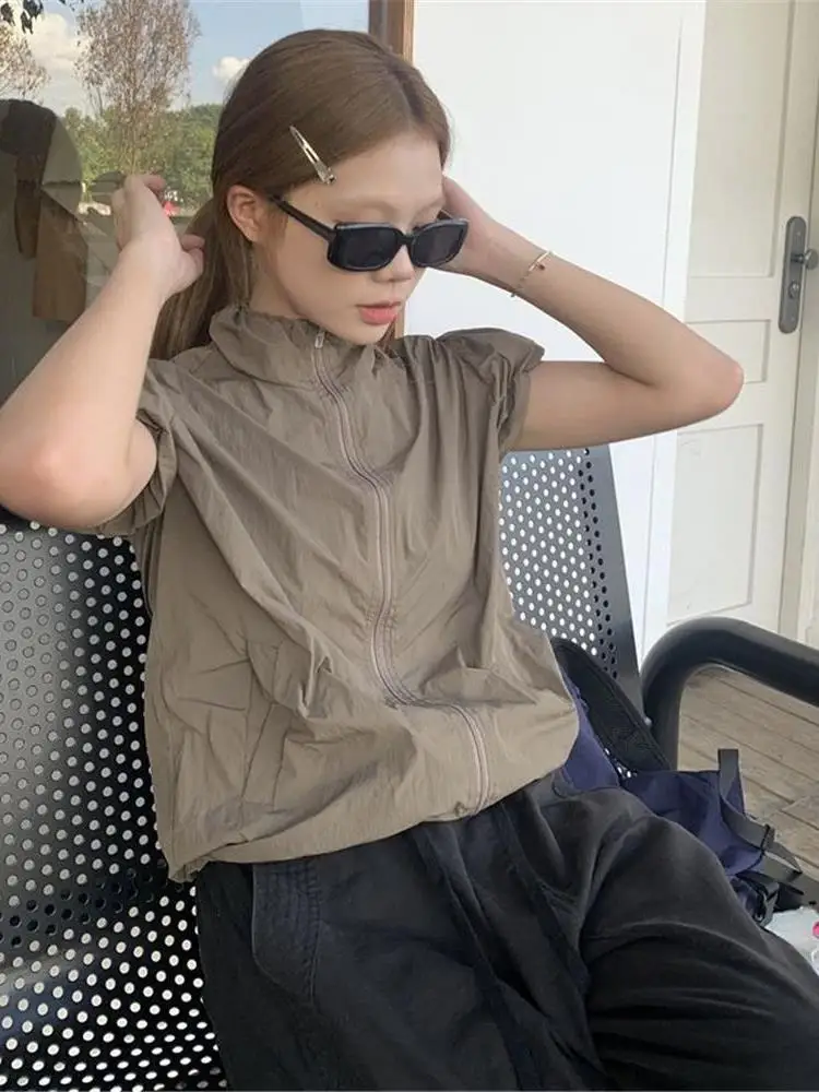 Lightweight Breathable Zipper Functional Sporty Short Sleeve High Collar Jacket for Women Summer Fashionable Sun Protection Top