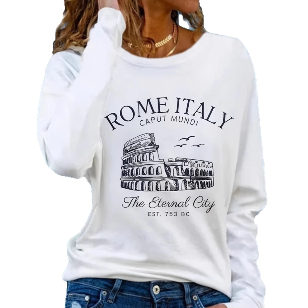 T-shirt a maniche lunghe girocollo con stampa romana da donna, vestibilità ampia e casual per l'uso quotidiano e le attività all'aperto nella stagione calda