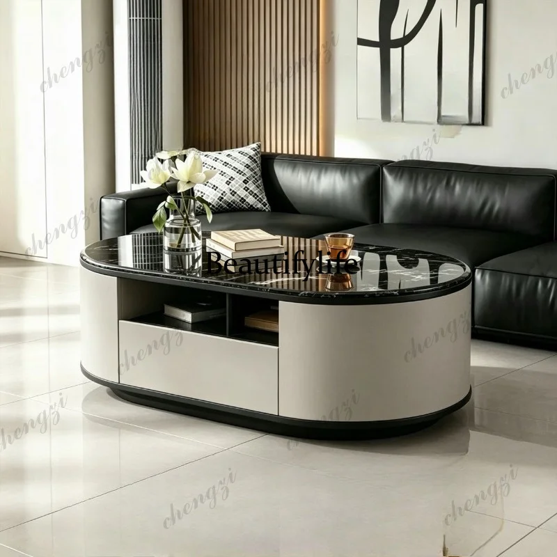 Italian light luxury solid wood oval microcrystalline rock slab marble living room household coffee table with storage