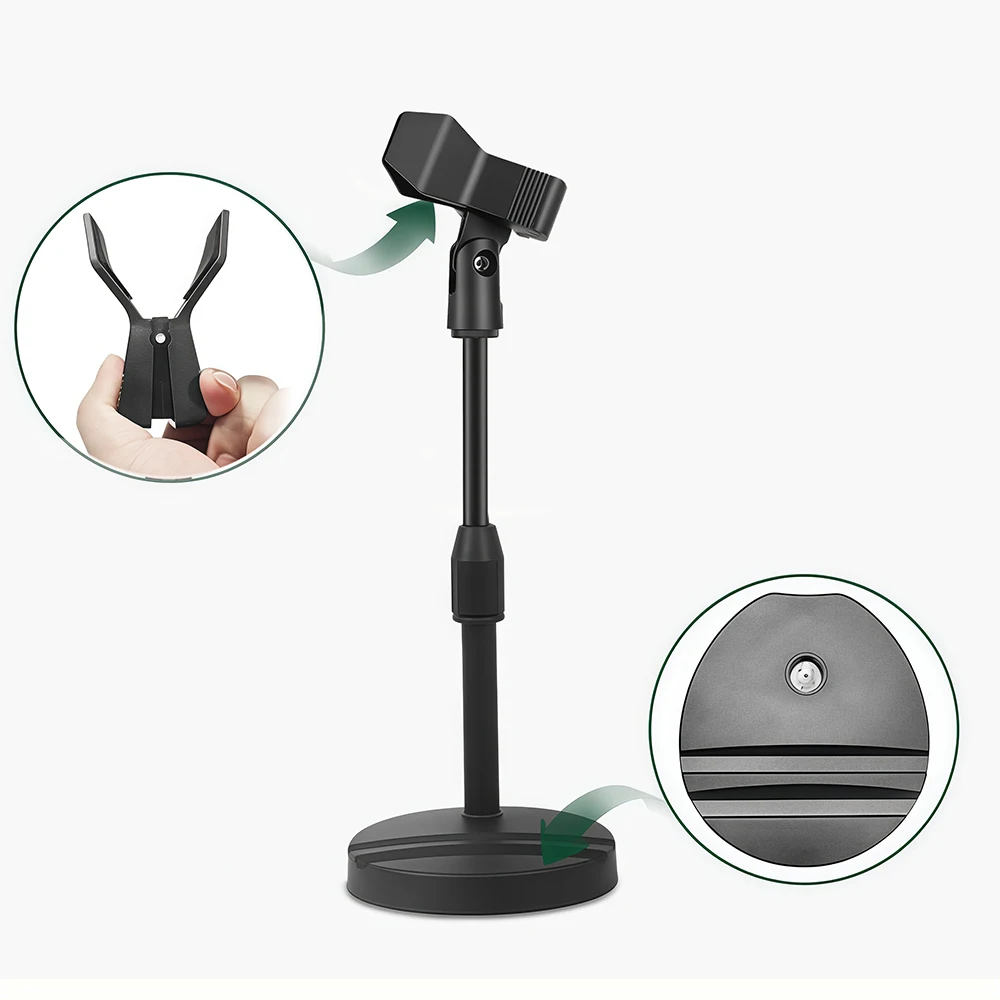 With Mobile Phone and Tablet Stand + Spring Clip, Multifunctional Microphone Stand Combo Set, Stand Height and Angle Can Be Freely Adjusted, Microphone / Mobile Phone Supports 360-Degree Rotation °   Rotates, Easily Adapts to Different Usage Positions