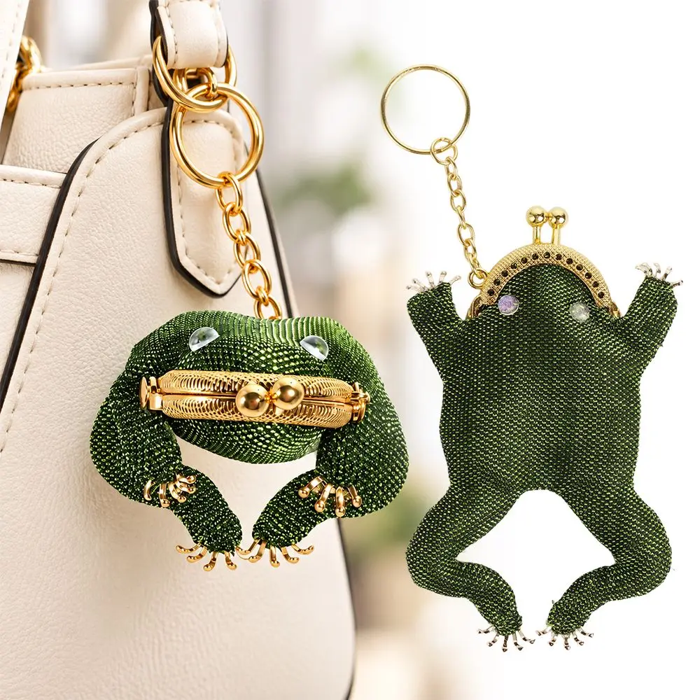 Mini Charming Frog Coin Purse Kiss Lock Closure Beaded Keychain Coin Purse 3D Cartoon Style Bag Accessories Small Item Storage