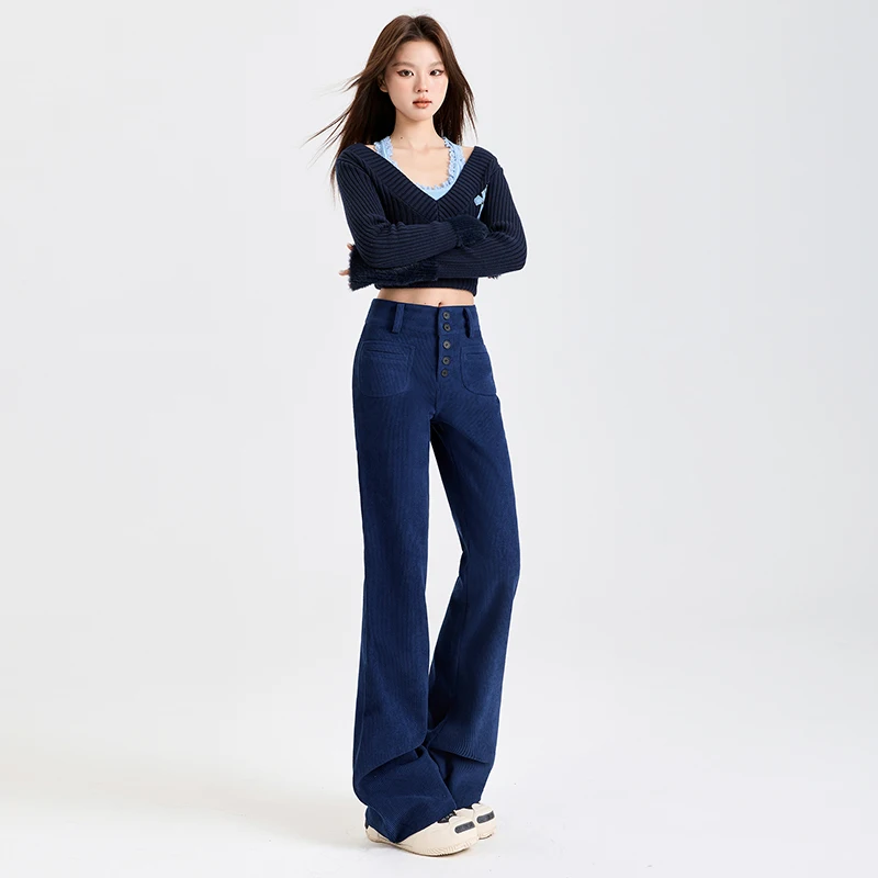 Francuskie spodnie retro z ciemnoniebieskiego sztruksu, lekko rozszerzane, dla kobiet na jesień i zimę 2025, małe i ekskluzywne długie spodnie.