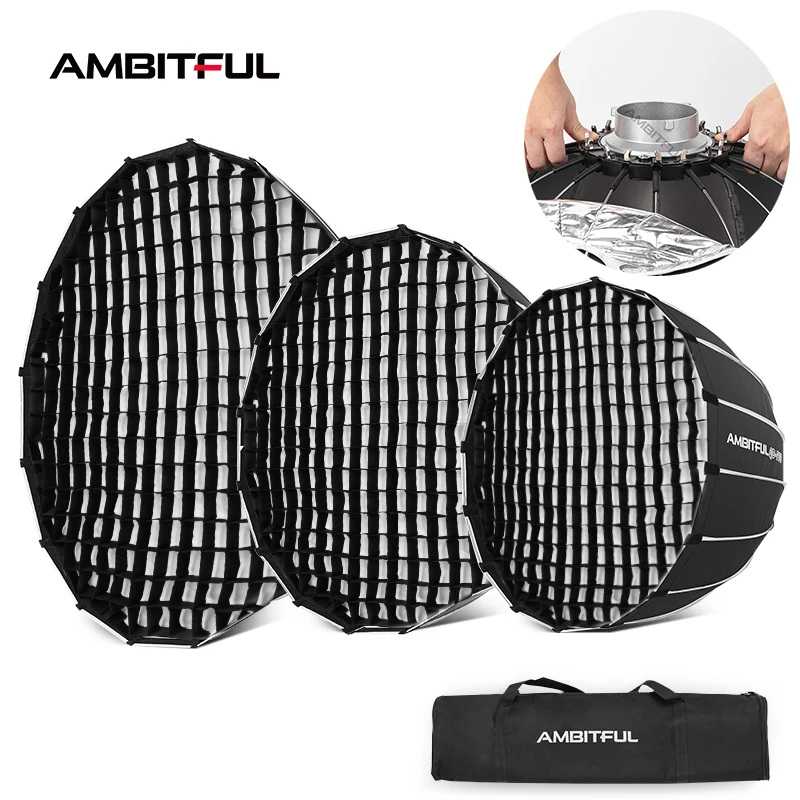 AMBITFUL P70 P90 P120 Bowens Mount Parabolic Deep Softbox with Quick Release Grid