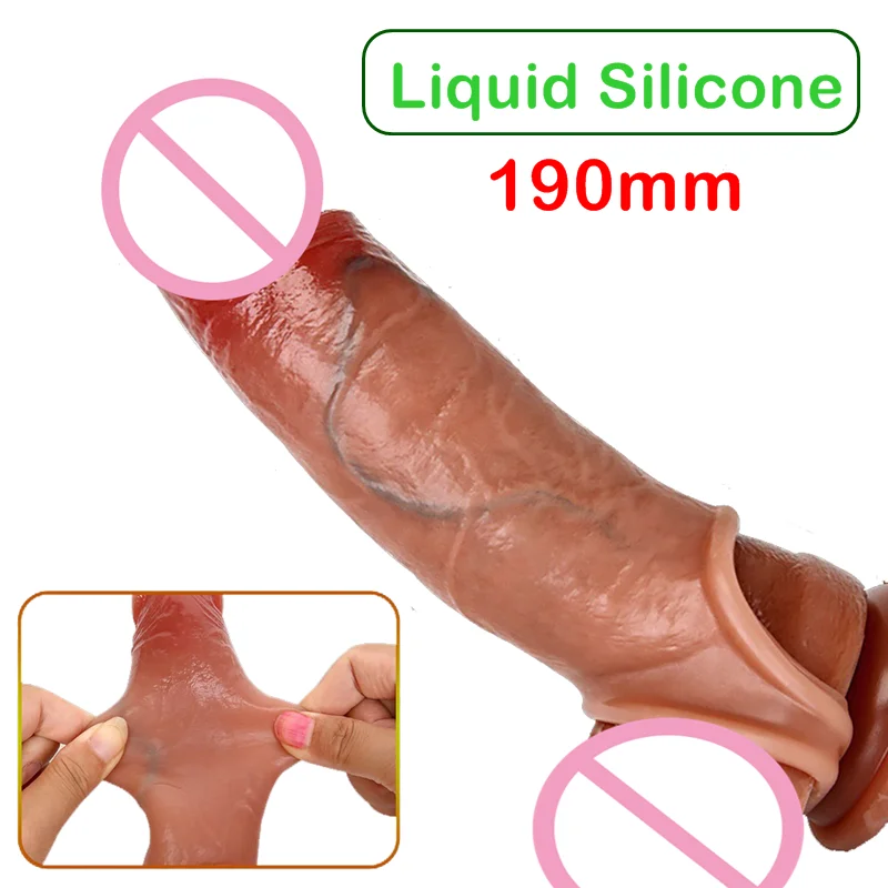 FXINBA 19cm Realistic Silicone Penis Extender Sleeve Delay Ejaculation Reusable Condoms Sex Toys For Men Cock Sleeve