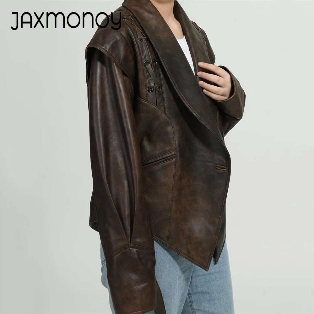 Jaxmonoy แจ็คเก็ตหนังแท้ผู้หญิง, เข็มขัดหรูหราหนังแท้บาง Y2K แจ็คเก็ตหนังแกะวินเทจ2024ฤดูใบไม้ผลิฤดูใบไม้ร่วง