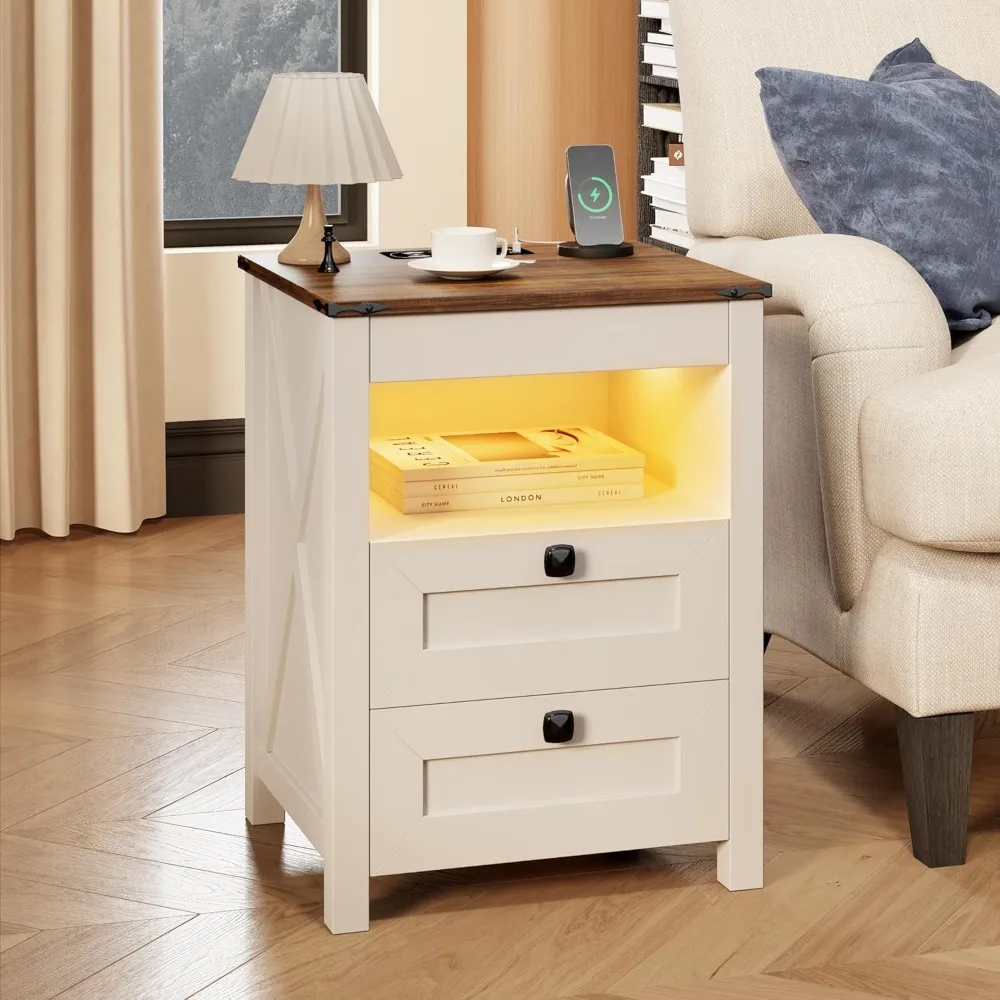 Farmhouse LED Nightstand with Gun Drawer&Invisible Lock,Modern Bedside Table with Human Sensor Design