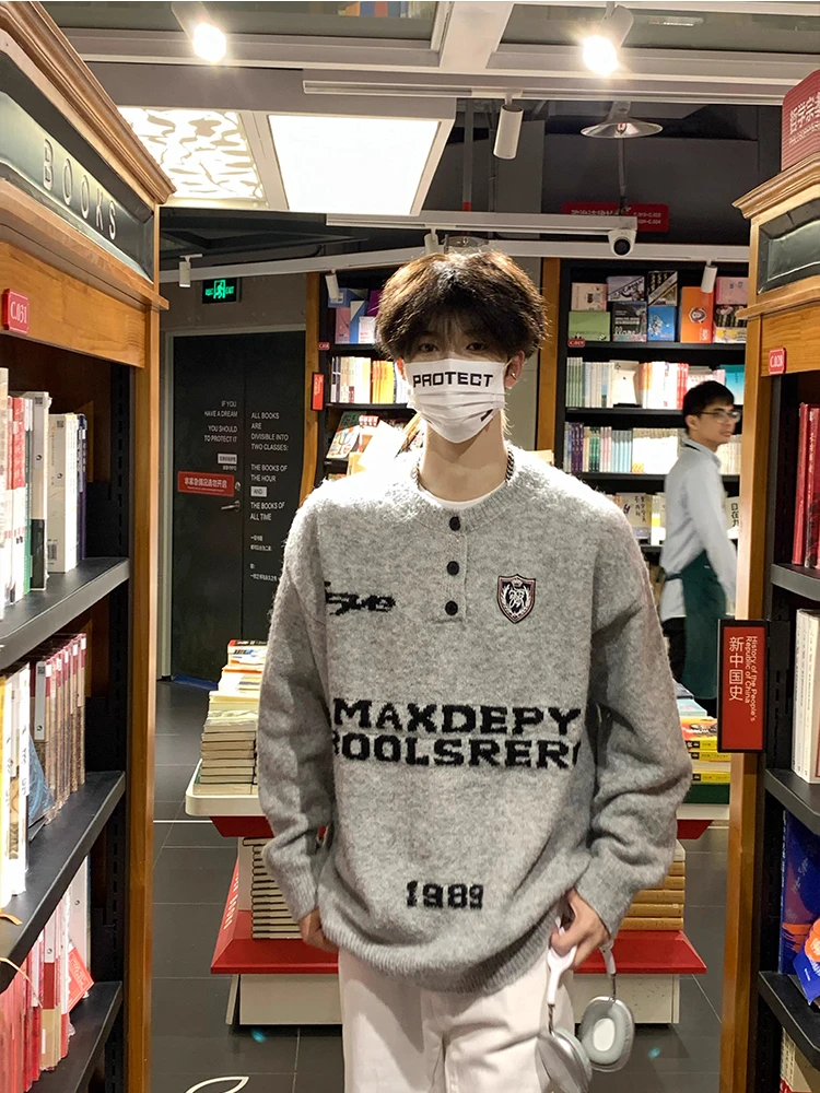 

Retro American Lazy Sle Henry Collar Letter Print Sweater Autumn Winter Loose Knitted ay Knitwear Casual Loose Fit Men's ...