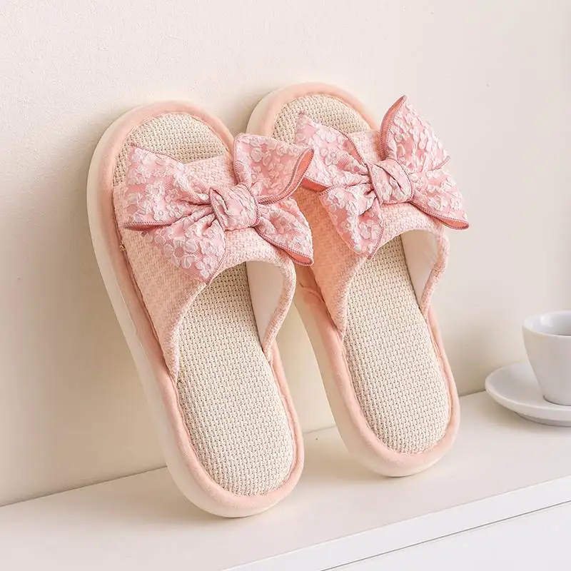 

Linen Slippers Women's 2025 New Home Cute Knot Anti-slip Indoor Silent Breathable Four Season Cotton Linen Slippers