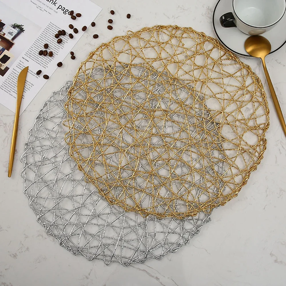 

Hot 38cm Rural Table Hollow Mat Round Woven Dining Placemat Pads Dinnerware Cup Coaster Gold Silver