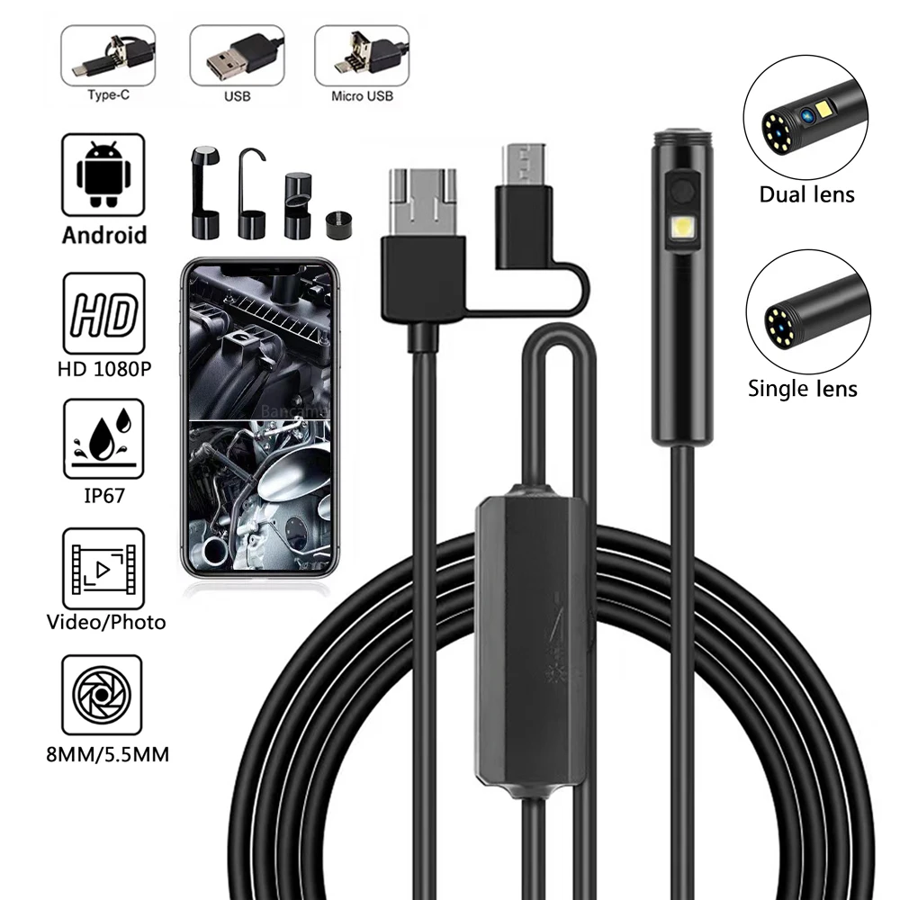 

Endoscope Camera 8mm Single&Dual Lens IP67 Waterproof inspection Borescope Car Engine Sewer pipe For Android Smart Phone Type-C