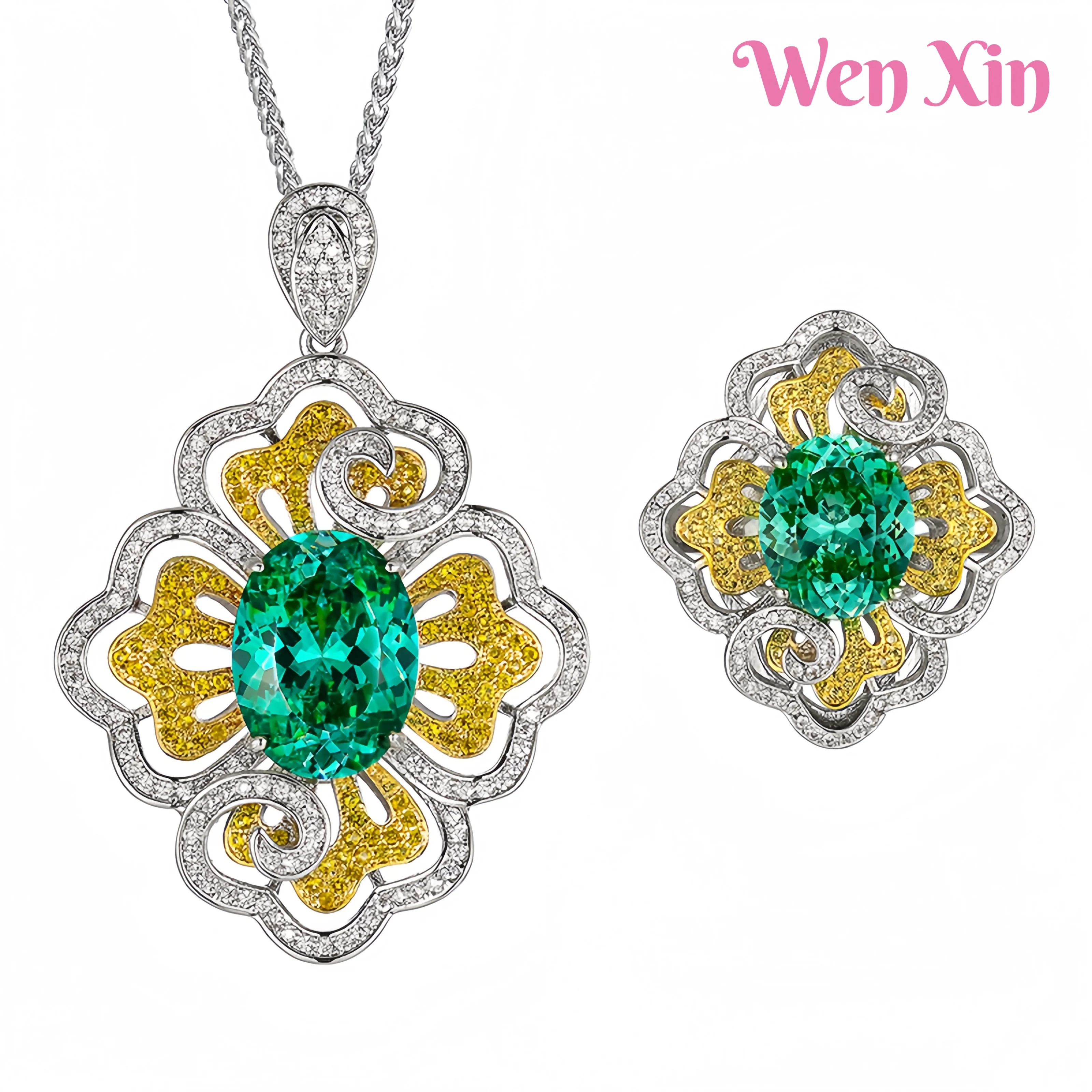 

WENXIN Brand New Top Grade Quality Rings Pendant Necklace Egg Shaped Pendant Necklace Rings Suit Fashion Jewelry Accessories