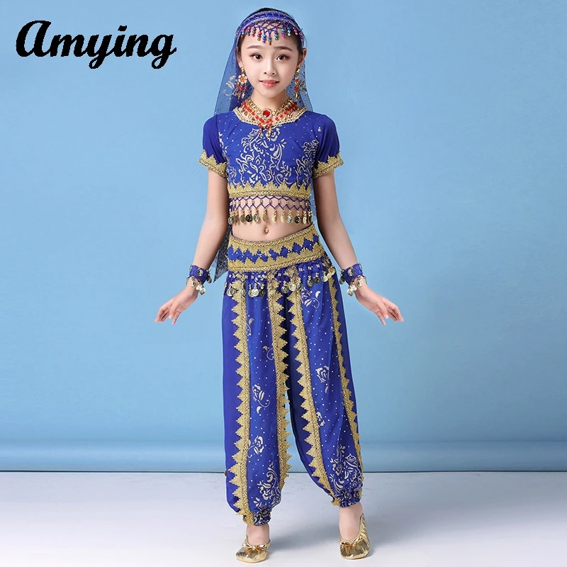 India Belly Dance Costumes Set Girls Stage Performance Practice Dance Wear Attire Outfit New Kids Bollywood Egypt Dance Clothing