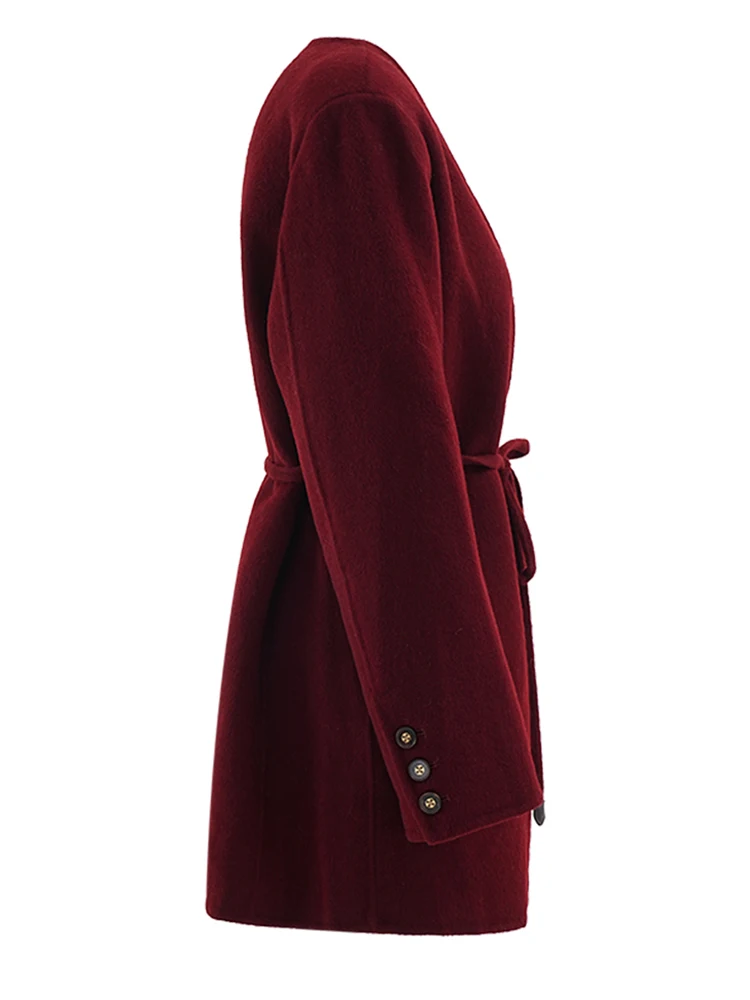 [EAM] Red Belted Big Size Elegant Woolen Coat New V-neck Long Sleeve Women Jacket Fashion Tide Autumn Winter 2024 CPG2150