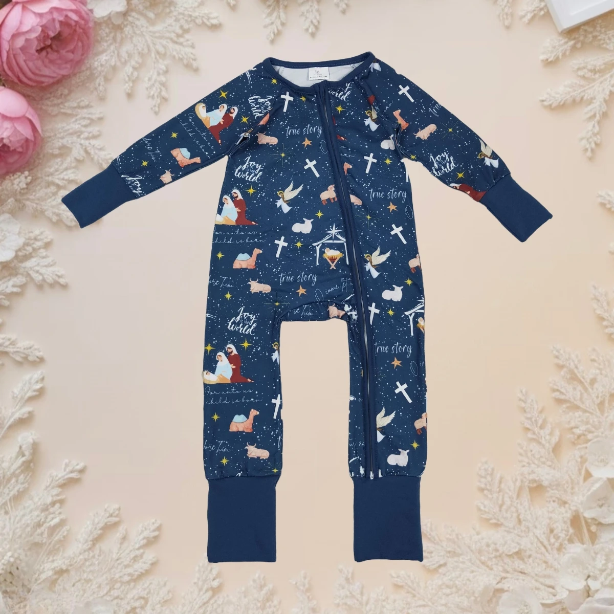 

Hot Sale Baby Boy Christmas Romper Nativity Long Sleeve Zipper Footie Bodysuit Infant Toddler Kids Jumpsuit Holiday Party Wear
