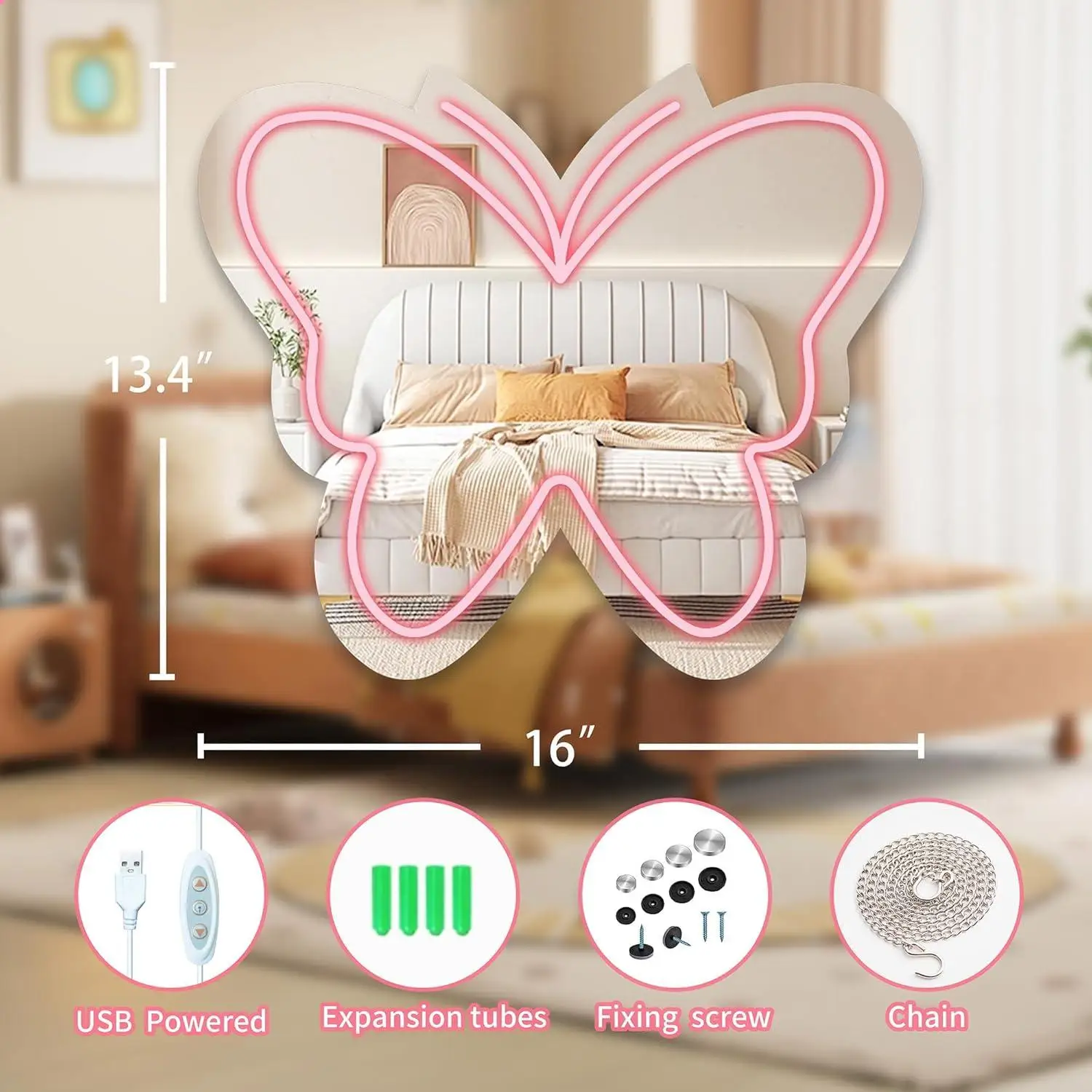 Butterfly Mirror Neon Sign Dimmable LED Light for Girls Bedroom Living Room Wall Decor Vanity Mirror Gift for Girls Night Light