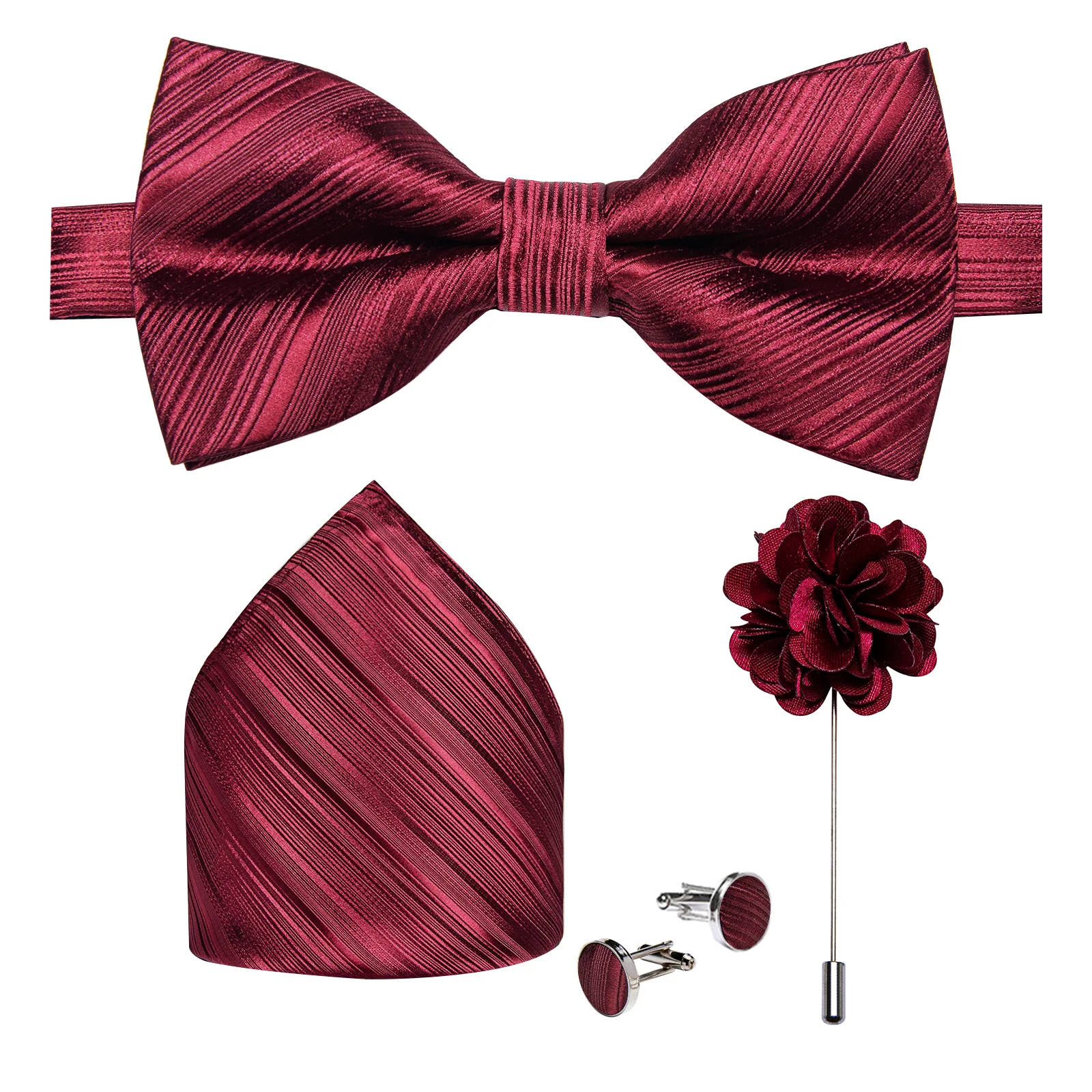 Hochzeitsfliege für Herren, klassisch rot, vorgebundene Fliege, Manschettenknöpfe, Ansteckblume, Set für Partys, Schmetterlingsknoten, Geschenk, Herren-Accessoires – Detail 18