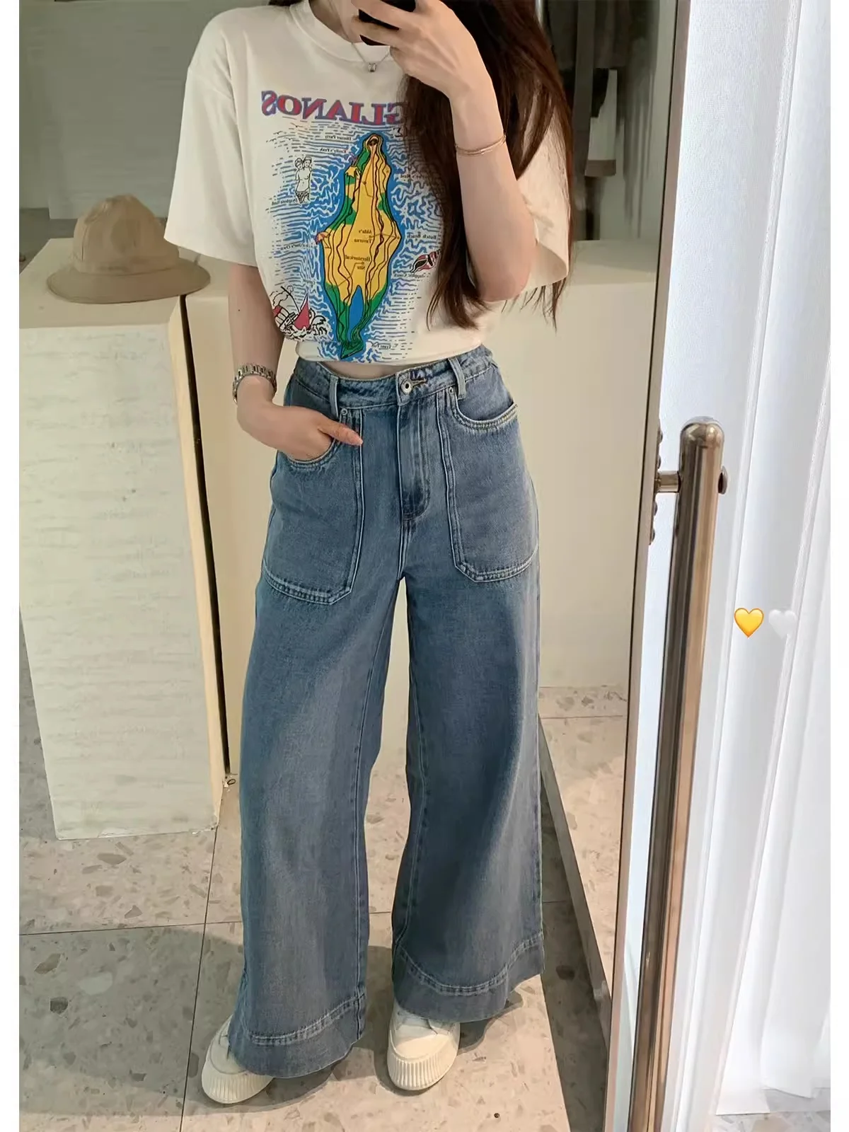 

Джинсы с высокой талией, прямые, широкие, из денима, для мужчин и женщин, модные, хлопковые, с высокой эластичностью, летняя коллекция