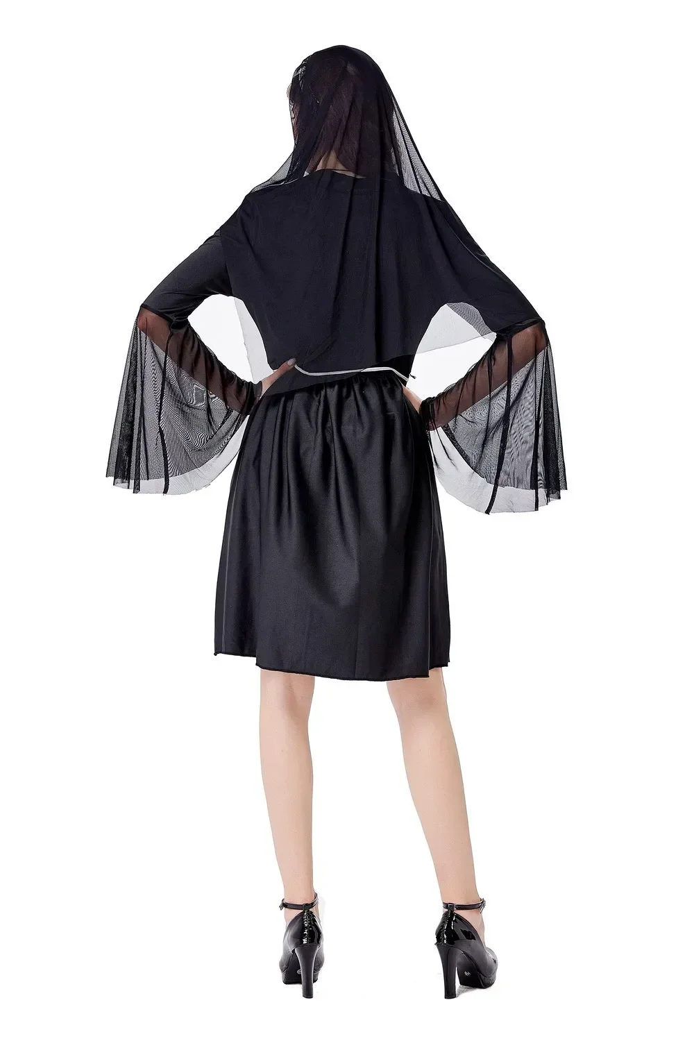 Disfraz de monja sexy para mujer, vestido de Halloween con capucha negra, talla adulta, talla única