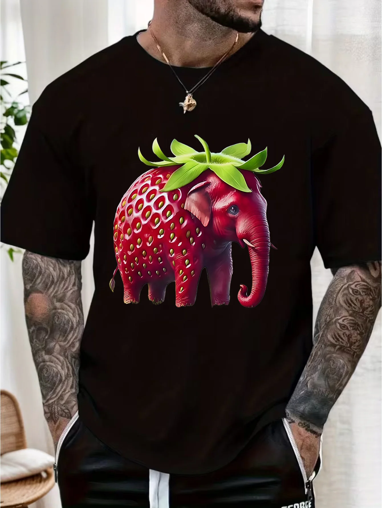 Strawberry Elephant Personalized Printed T-shirt Cotton Men's and Women's Commuter Style Summer Personalized Street Short Sleeve