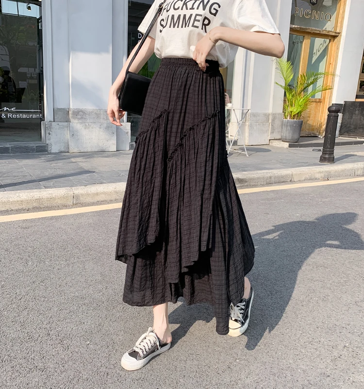 2024 Summer Retro Plaid Long Women New High Waist Slim Casual Simple Contrast Color Irregular Big Swing Skirt Free Shipping