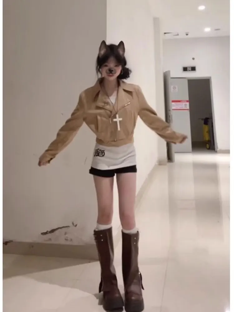 

Американский Sle Коричневый или Замшевый джет Женский весенне-осенний приталенный крой с завязкой на талии Мотоциклетный джет Верх с застежкой-молнией...