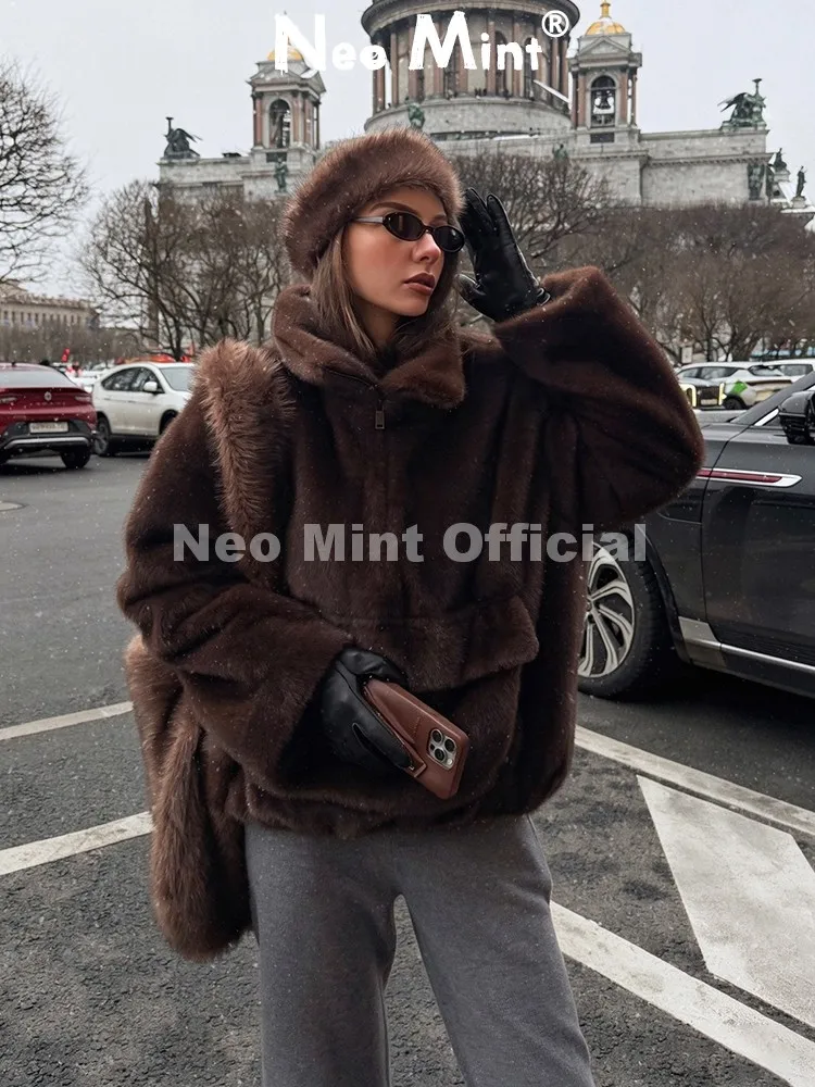 Neo Mint Women Faux Fur Pullover Coat with Kangaroo Pocket Brown Mink Fur Jacket with Quarter Zip Oversized Plush Winter Outwear