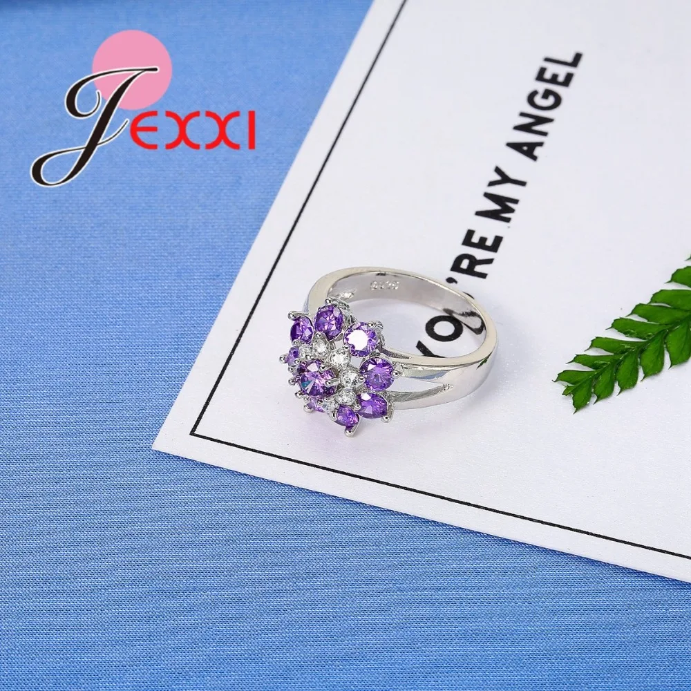 Ungu Bunga CZ Cincin 925 Sterling Silver Pernikahan Pesta Cincin untuk Wanita Hadiah Natal Fine Jewelry