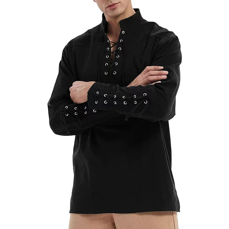 Men\'s Vintage Clothing Cotton Linen Shirt Medieval Renaissance Solid Color V-neck Shirt Long Sleeve Lace-up Cosplay Shirt