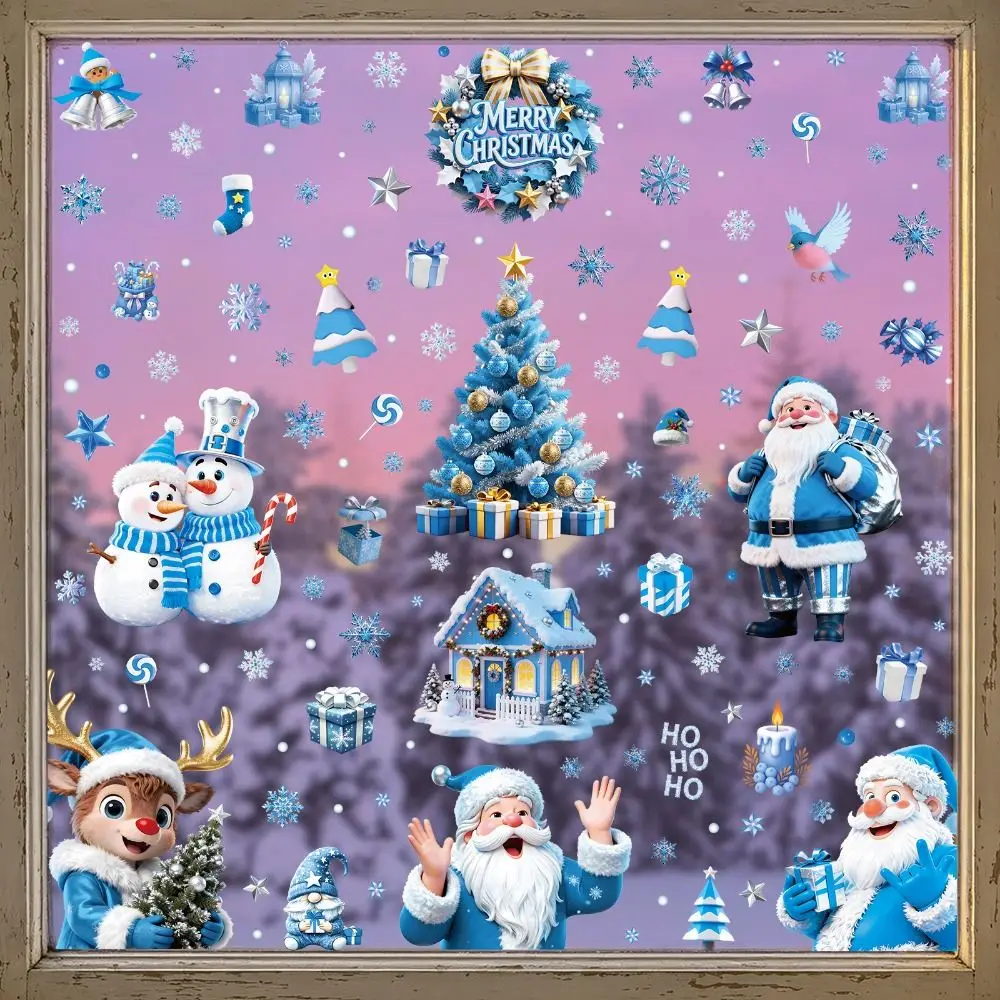 Electrostatic Merry Christmas Window Stickers Blue White Cartoon Santa Claus Xmas Decorative Sticker Waterproof No Residue