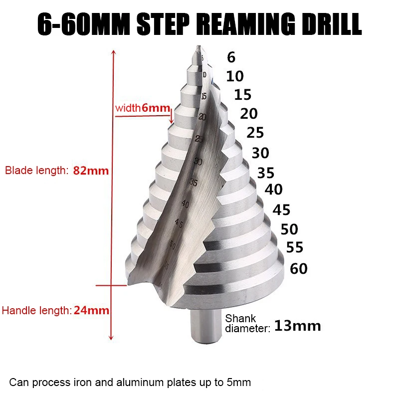 

Large Size Cone Step Drill Bit 6/60mm Spiral Groove Hard For Metal Plastic Hole Cutter Drilling Tool Punch Conical Drill Device