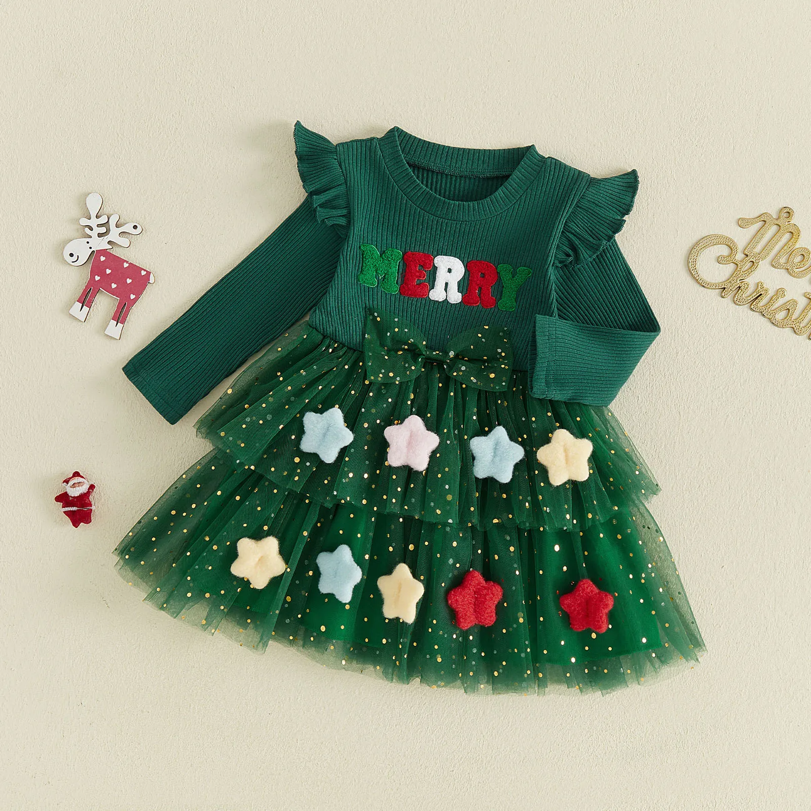 1-5Y Toddler Girls Christmas Dress Letter Embroidery Star Decor Crew Neck Long Sleeve Dress Kids Layered Tulle Xmas Dress