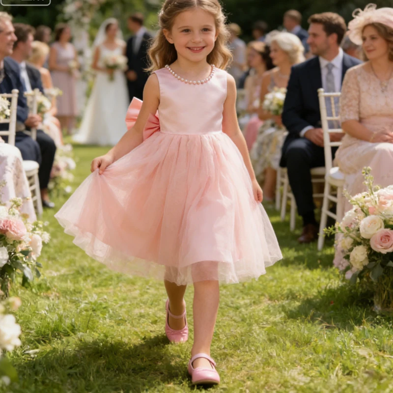Weißes Kleid für Mädchen, elegantes Perlen-Prinzessinnenkleid für Kinder, Brautjungfernkleid, Festzug, Party, große Schleife, Mädchen-Erstkommunionkleid