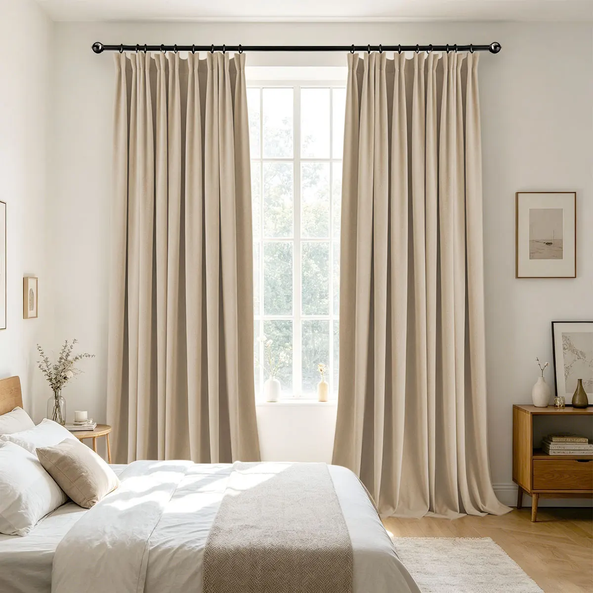 Beige Velvet Blackout Curtains 2‑Pack, Pinch Pleat Hook Top Drapes, Modern Solid Curtain for Bedroom Living Room Home Decor