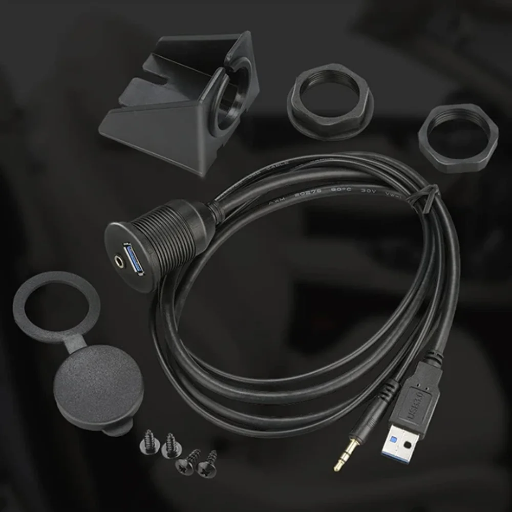 1M 3ft USB 3.0 & 3.5mm AUX Extension Mount Dash Mount Flush Mount Panel Cable for Car Boat Motorcycle Waterproof Cord