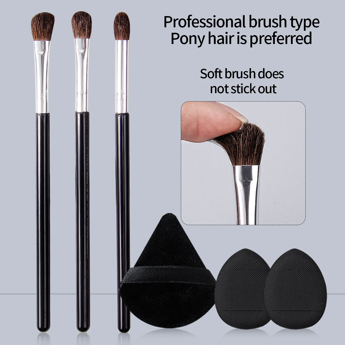 Zestaw premium 6 szt.: Miękkie pędzle do makijażu oczu i dwustronne puszki do pudru w kształcie wachlarza oraz puszka do pudru do korektora na palec.