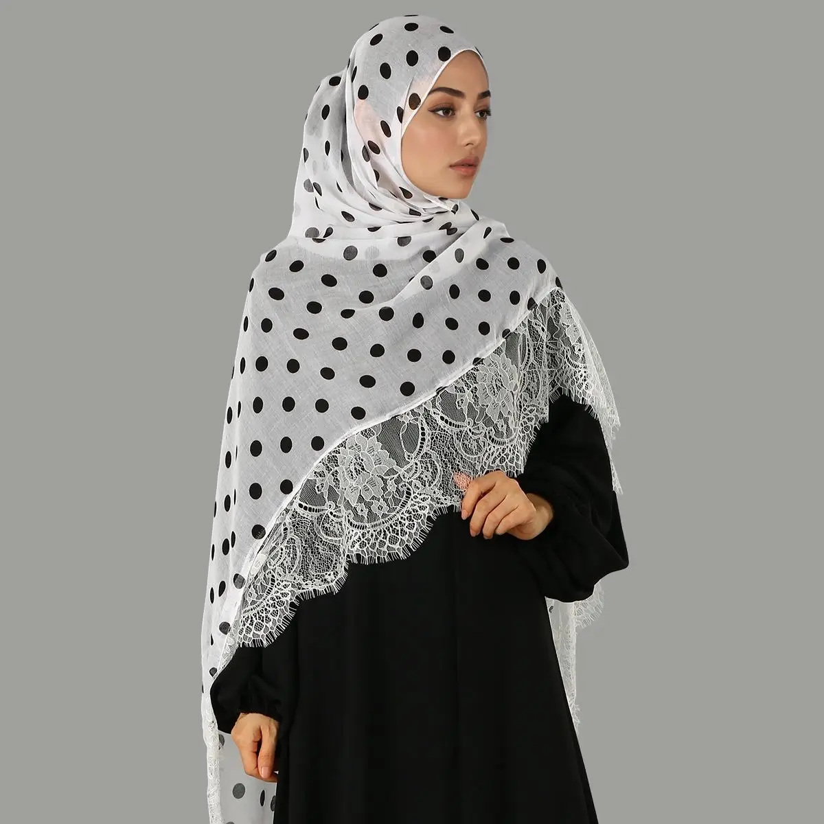 Fashion Viscose Lace Printed Muslim Hijab Polka Dot Chiffon Shawl for Women New Turban Head Scarf Headwraps Ramadan Eid 180*80cm