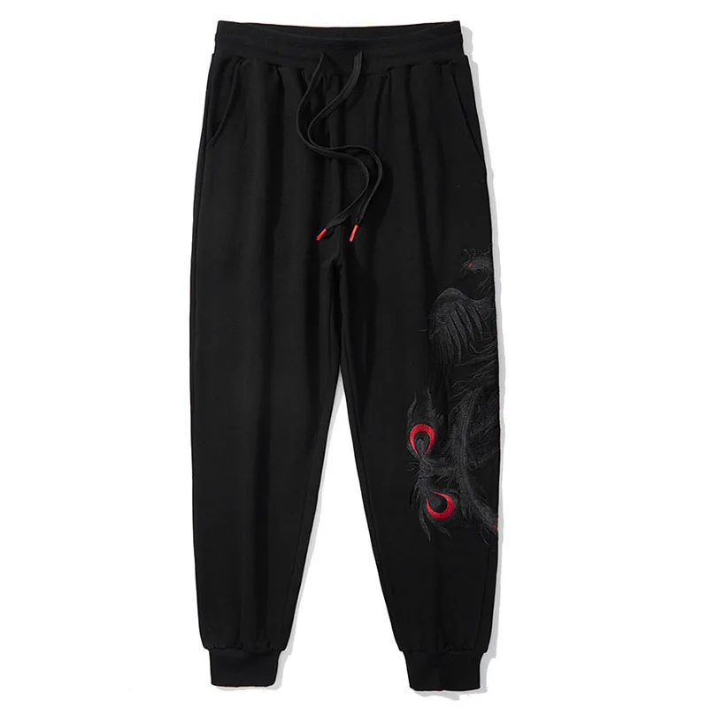 Men's Phoenix Embroidery Jogger Pants 100% Cotton Casual Sweatpants Chinese Style Streetwear Cuffed Trousers Autumn New Arrival