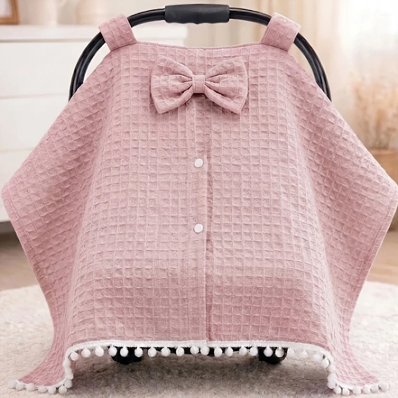 Waffle Baby Car Seat Canopy with Bow & Pom Pom Trim, Breathable Stroller Sun Cover