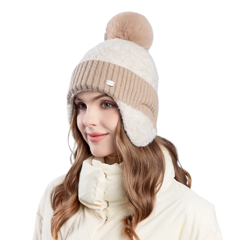 

Женская плюшевая шапка из искусственного меха с помпоном, вязаная шапка в корейском стиле для женщин, теплая зимняя лыжная шапка с ушками, женская X101