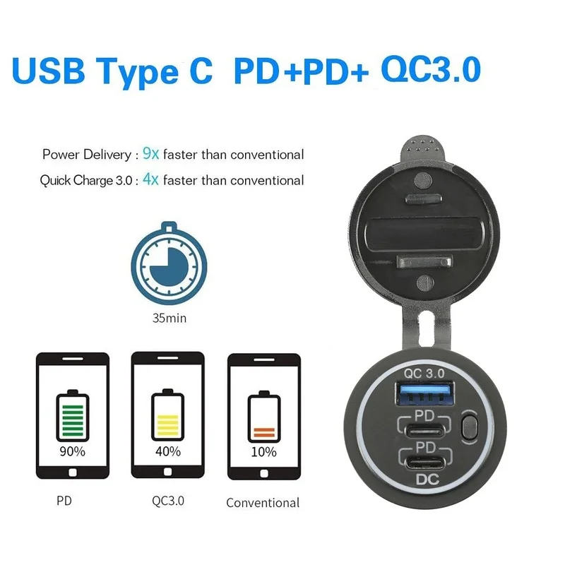 USB C Autolader Socket DC12V-24V QC3.0 + Dual PD Opladen Ingang Poort TYPE-C Snel Opladen PD Lader Aan/uit-schakelaar Auto Adapter