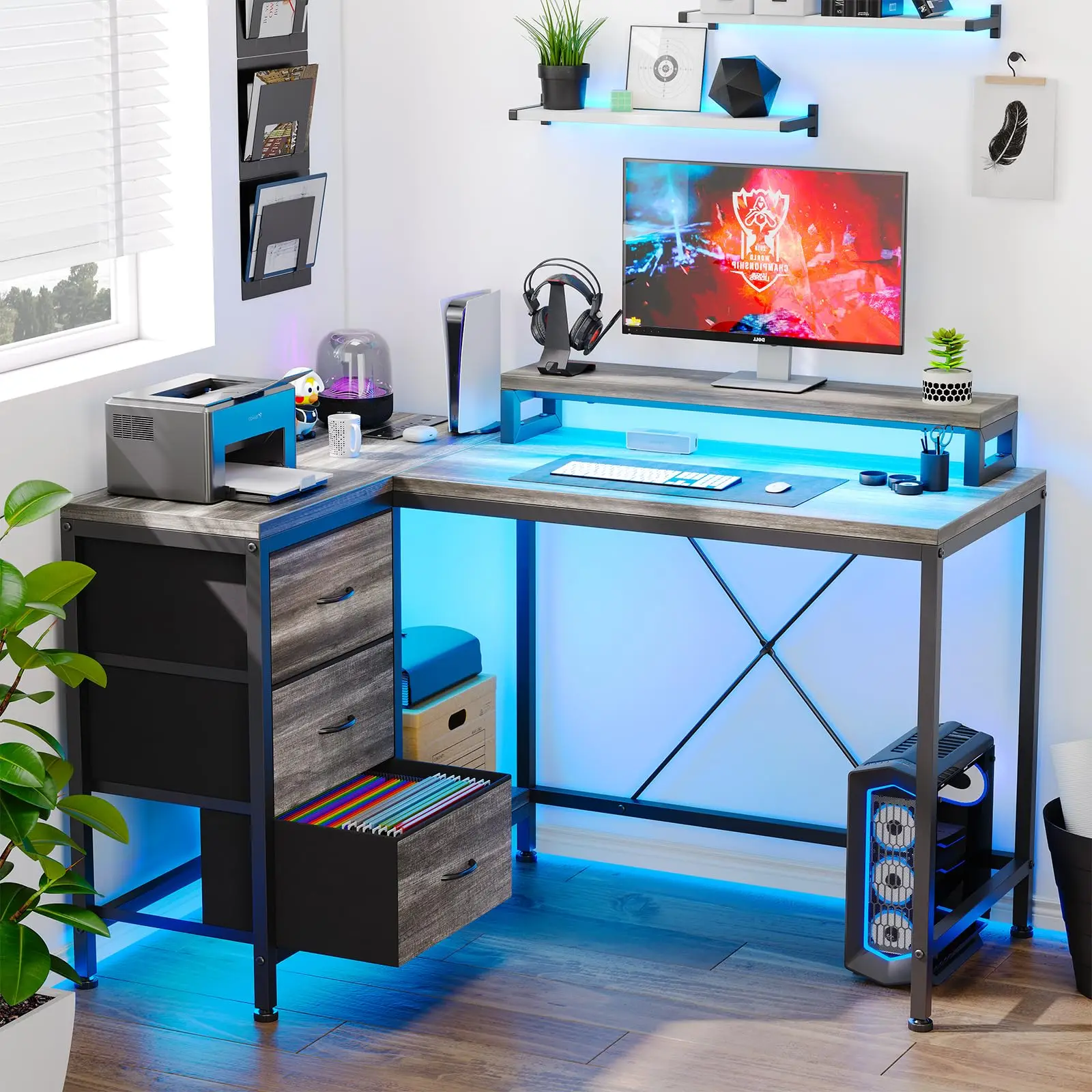 

L Shaped Desk with Power Outlets &LED Lights,Computer Desk with Drawers&Shelves,Corner Desk Gaming Desk Home Office Desk,Oak Ash