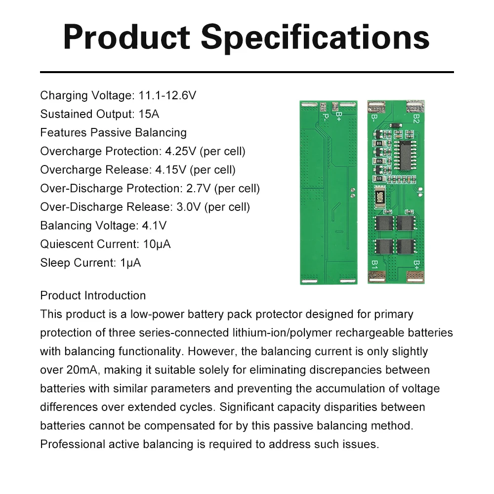3S 12V Lithium-Batterie-BMS-Schutzplatine mit Ladungsausgleich, 15A Hochstromausgang, Überladeschutz für 18650-Zellen – Detail 8