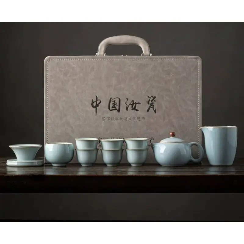 High-end Tianqing Ru kiln Kung Fu tea set, household living room ceramic imitation Song office guest set gift box boutique