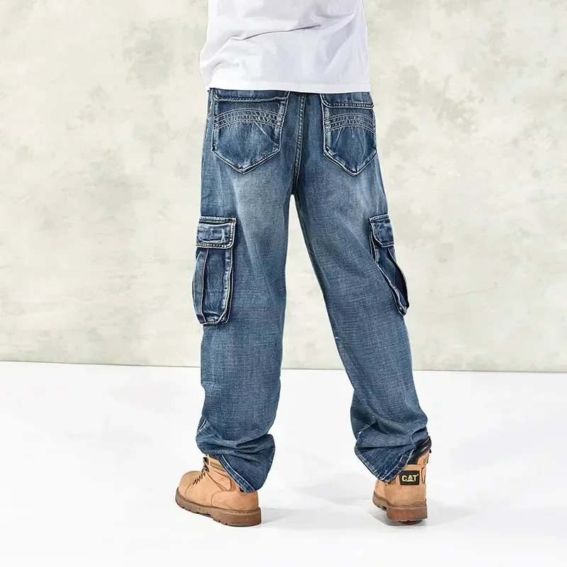 

Streetwear Jeans Men High Waist Multi Pocket Baggy Straight Pants 2024 Autumn Hip Hop Denim Jean Washed Ankle Length Trousers