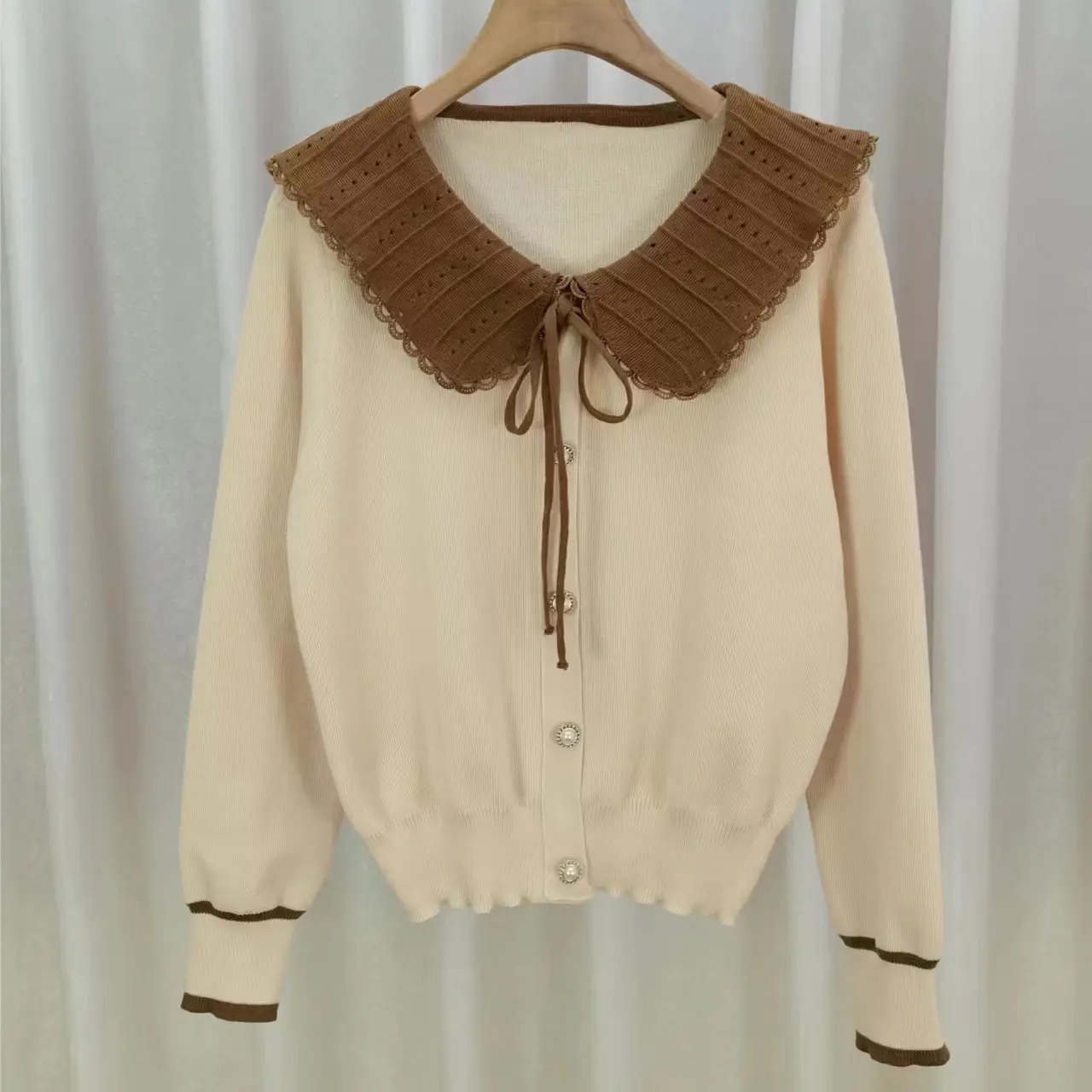 Knitted Shirt with Doll Style Knitted Base Long Sleeves for Reducing Age Bow Tie Hair New Chinese Style Top