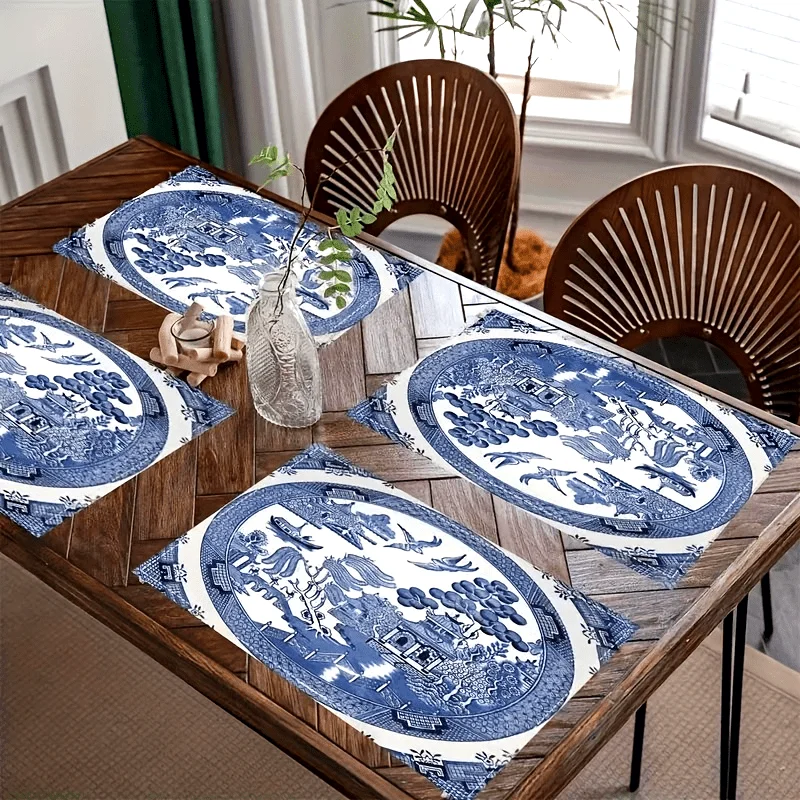 VIKAMA Blue And White Porcelain Style Table Placemat Oriental Landscape Print Easy to clean For Dining Room Kitchen Home Decor
