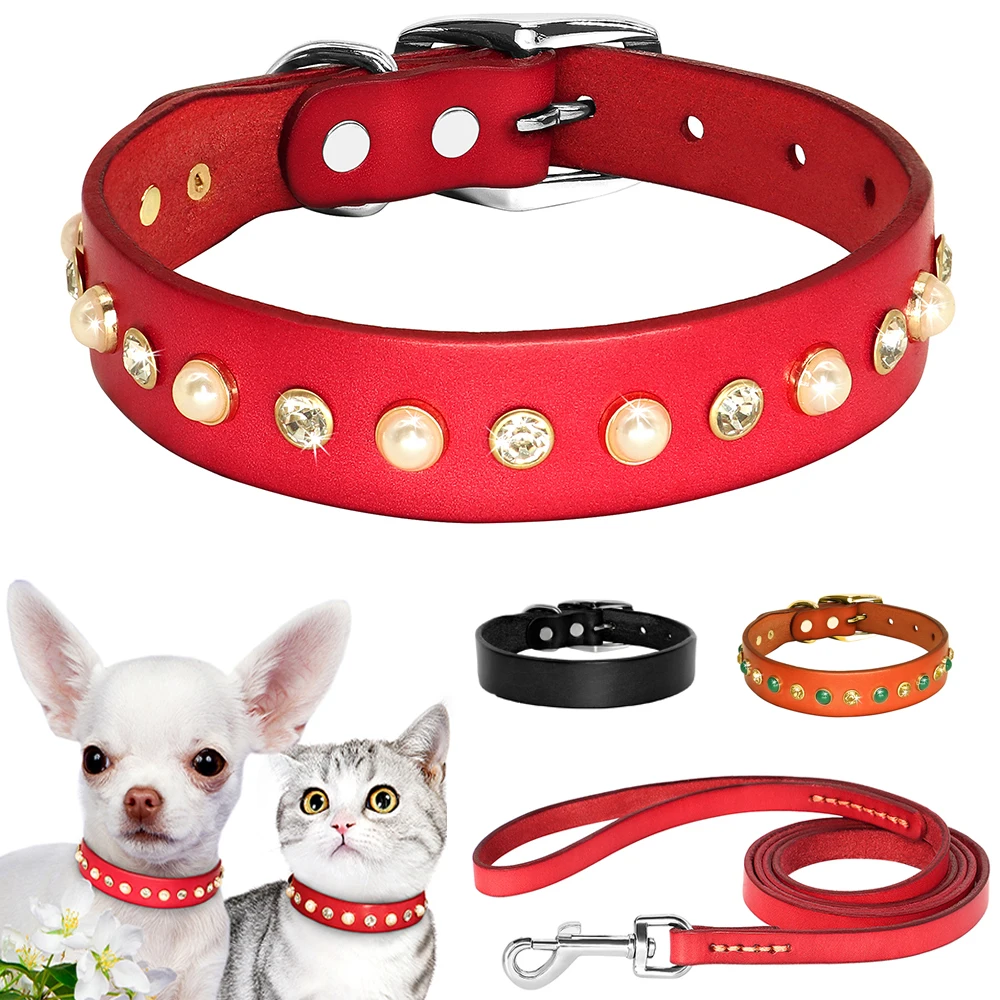 Genuine Leather Dog Collar Leash Set Bling Rhinestone Puppy Cat Collars Diamond Pearl Pet Necklace With Lead For Dogs Chihuahua