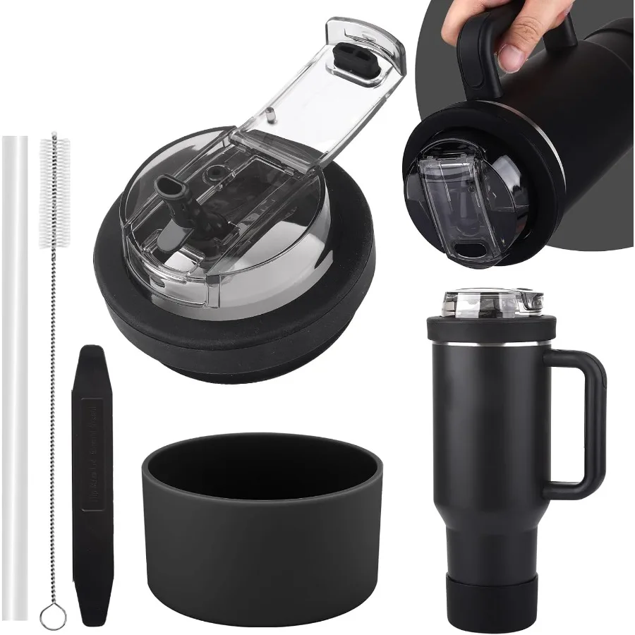 

Cup Lid Replacement for 40 Oz TumblerFlip Straw Lid with Double Drinking Mouth Cleaning Brush and Cup Boot Leakproof Dustproof