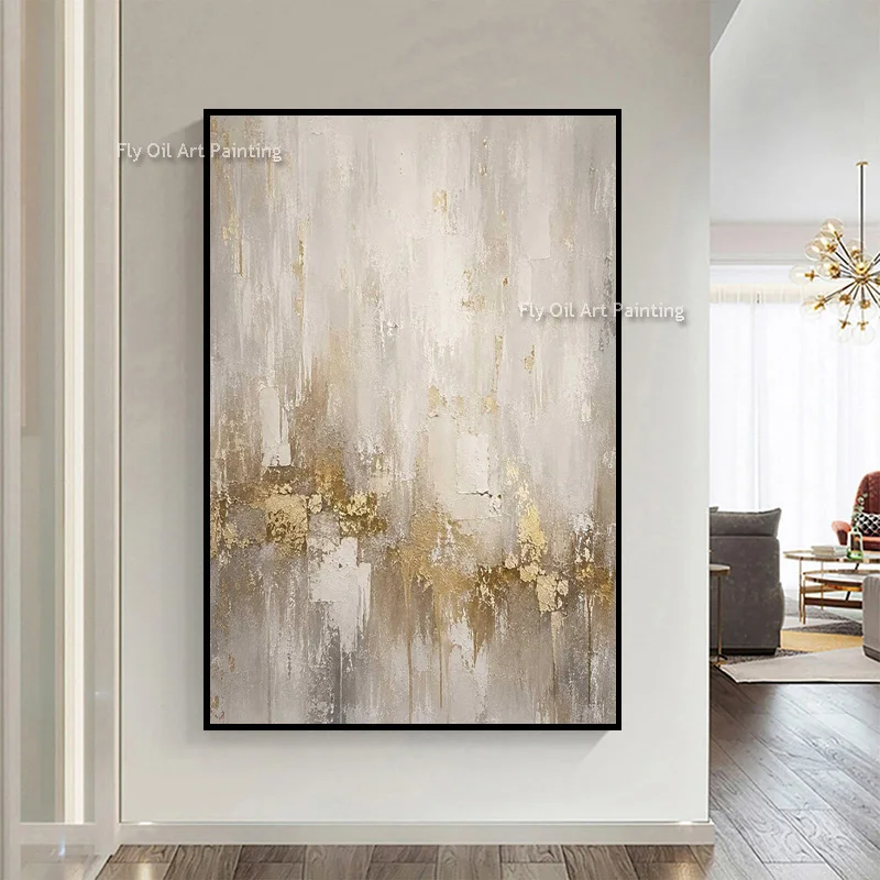 100% Handmade Mark Rothko Style Gold Foil Beige Gray Thick Canvas Wall Art Drip Impasto Oil Painting For Accent Decor
