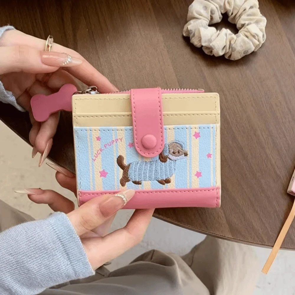 Korean Style Dachshund Printing Short Wallet Zipper Dopamine Color Card Bag Cartoon Dog PU Small Item Bag Women Girl